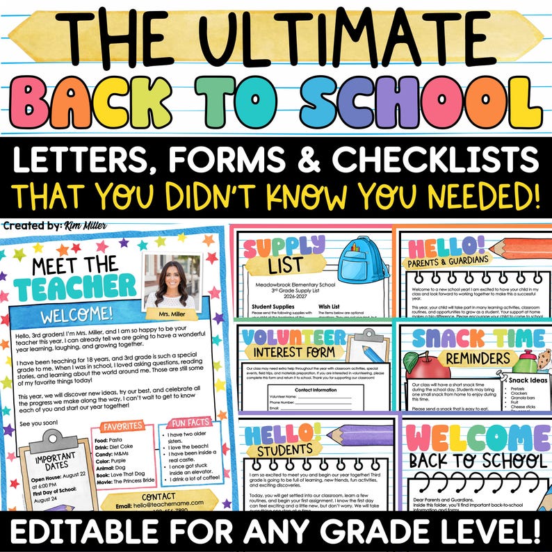 May include: A digital educational resource set titled The Ultimate Back to School Letters, Forms & Checklists. It includes templates for Meet the Teacher, supply lists, volunteer forms, and snack reminders with colorful, playful typography and graphics.