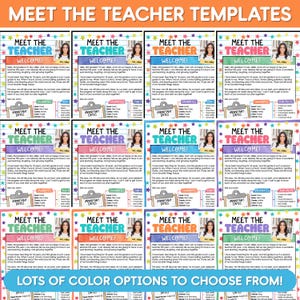 May include: A collection of twelve Meet the Teacher templates featuring colorful star borders, a photo placeholder, and sections for welcome text, important dates, favorites, and fun facts. The text Meet the Teacher is displayed at the top.