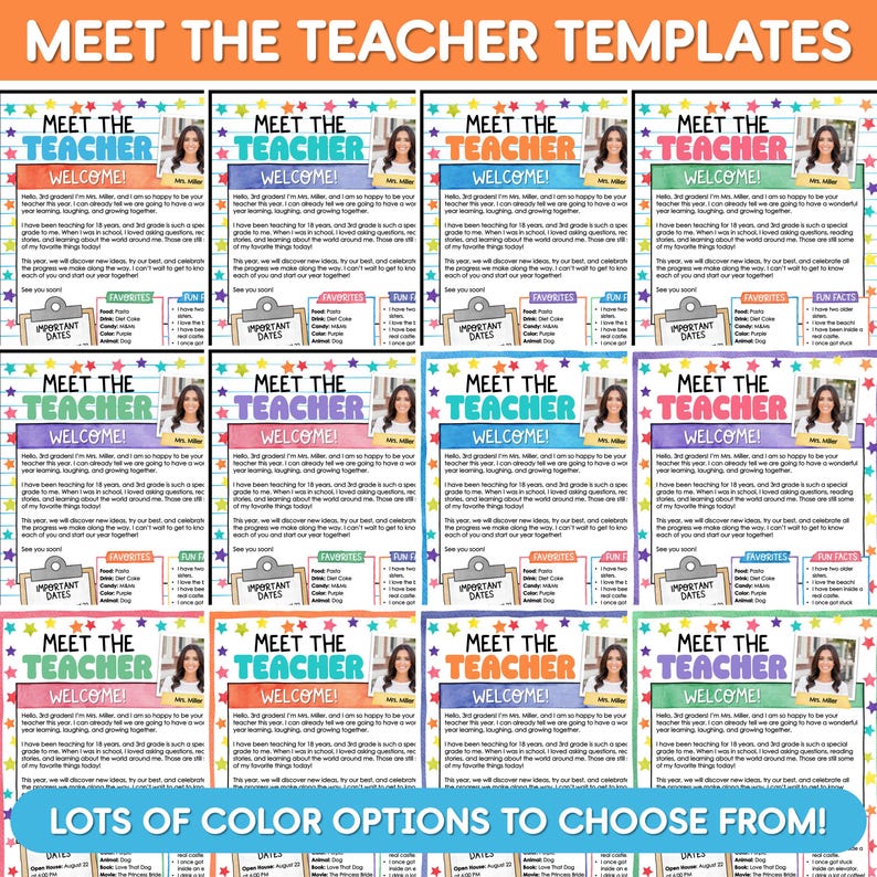 May include: A collection of twelve Meet the Teacher templates featuring colorful star borders, a photo placeholder, and sections for welcome text, important dates, favorites, and fun facts. The text Meet the Teacher is displayed at the top.