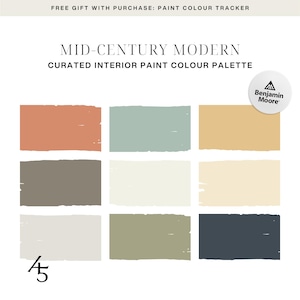 Mid-Century Modern Colours, Whole House Colour Palette, Benjamin Moore Paint Colours, Interior Design Colour Scheme