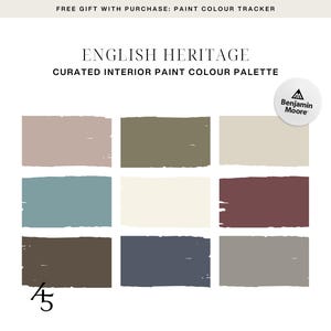 May include: An English Heritage curated interior paint color palette featuring nine color swatches in various shades of neutral and muted tones. The Benjamin Moore logo is visible. Text includes "English Heritage" and "Curated Interior Paint Colour Palette."