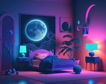 Nocturnal Neon Dream Room #4(limited edition Giclée fine art print) Art Prints by Moon Reel Media (10x8|16x12|20x16) Unframed | Bedroom Art