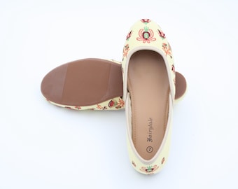 Yellow Floral Jutti Flats: Suede Lined Leather Ballet Shoes