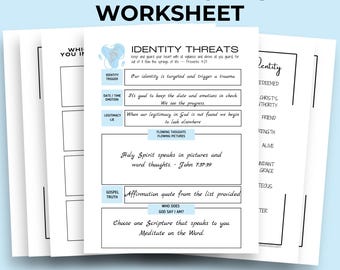May include: Printable wall art worksheet titled "Identity in Christ Worksheet." The design features a light blue and white color scheme with text and graphics. The worksheet includes sections on identity threats, emotions, and scripture.
