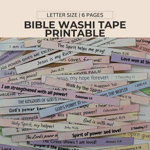 Puede incluir: Cinta washi bíblica imprimible con varias citas de las Escrituras en diferentes colores. El texto incluye frases como "El poder de Dios", "Jesús es mi Roca" y "El amor venció en la cruz". Diseño tamaño carta con 6 páginas.