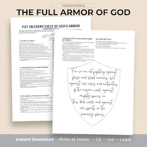 May include: Two white printed pages with text. The top page reads "THE FULL ARMOR OF GOD" and "PUT ON EVERY PIECE OF GOD'S ARMOR". The second page has a shield graphic with the text "For we are not fighting against flesh-and-blood enemies..."