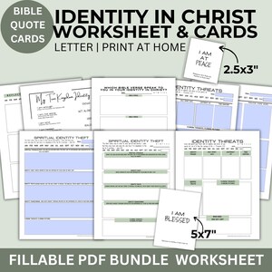Pacote para impressão Lista de identidade em Cristo PDF Planilha para preenchimento Diário de oração de reflexão Citação de afirmação bíblica Cartões para impressão PDF