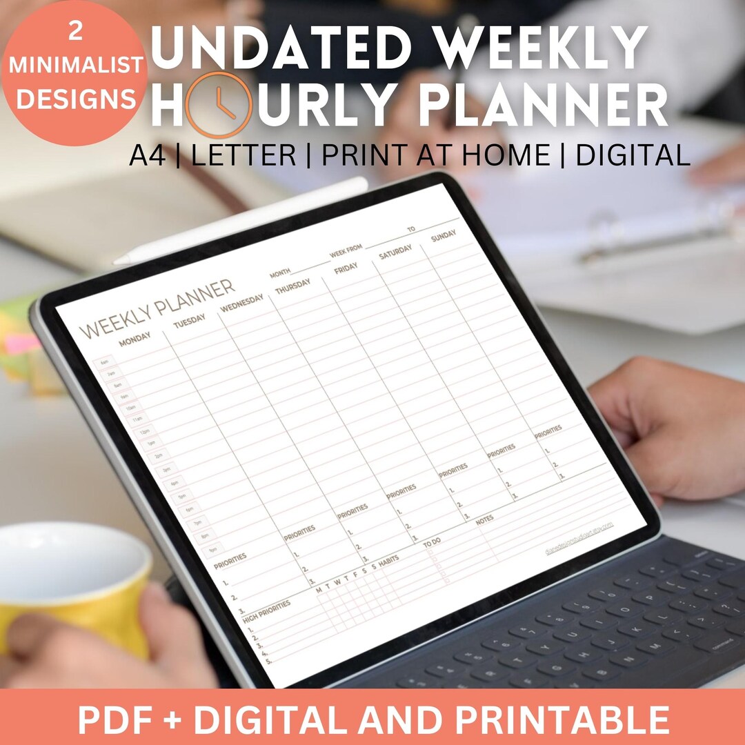 Minimalist Undated Weekly Planner Printable Hourly Planner Printable ...