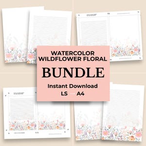 Set di articoli di cancelleria con motivi floreali ad acquerello e fiori selvatici, blocco note con bordo floreale, articoli di cancelleria stampabili, regalo di compleanno per amanti della natura, per la mamma.