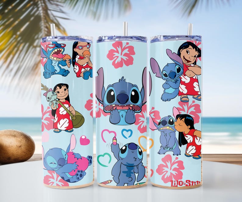 May include: Three blue and white stainless steel tumblers with a blue and white cartoon character design featuring Stitch from Lilo & Stitch. The tumblers have a blue background with white flowers and hearts. The tumblers feature different scenes with Stitch and other characters from the movie.
