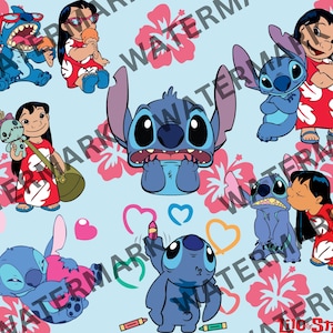 May include: A blue cartoon character with large eyes and a mischievous grin. The character is surrounded by pink hibiscus flowers and hearts. There are also several other cartoon characters in the image, including a girl with brown hair and a blue dress.