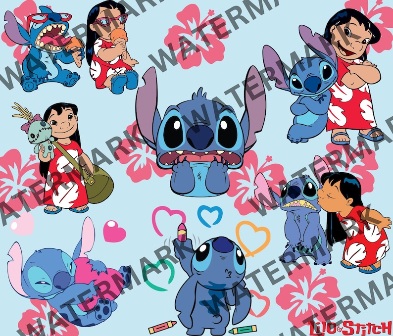 May include: A blue cartoon character with large eyes and a mischievous grin. The character is surrounded by pink hibiscus flowers and hearts. There are also several other cartoon characters in the image, including a girl with brown hair and a blue dress.