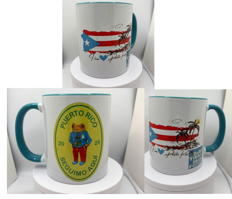 May include: Three white ceramic mugs with teal rims. The mugs feature different designs related to Puerto Rico. One mug has a frog wearing a blue shirt and red pants, another has a Puerto Rican flag and palm trees, and the third has a Puerto Rican flag and the text "I love Puerto Rico".
