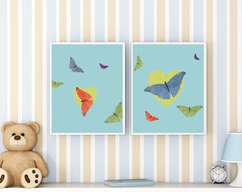 Arte de la pared del vivero de mariposas, conjunto de 2 impresiones de arte del vivero de mariposas, vivero de niñas, decoración de la pared del bebé de las mariposas ruborizadas, decoración de la pared de la niña