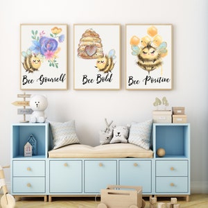 Bee Print Nursery Wall Decor, Set of 3 Bee Nursery Wall Art, Bee Bold Art Print, Bee Yourself Art Print, Bee Positive Art, Instant Download