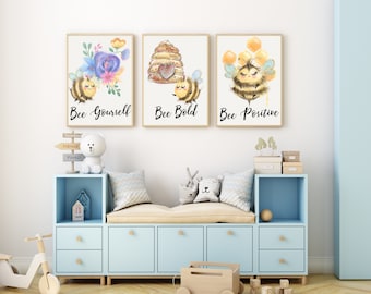 Bee Print Nursery Wall Decor, Set of 3 Bee Nursery Wall Art, Bee Bold Art Print, Bee Yourself Art Print, Bee Positive Art, Instant Download