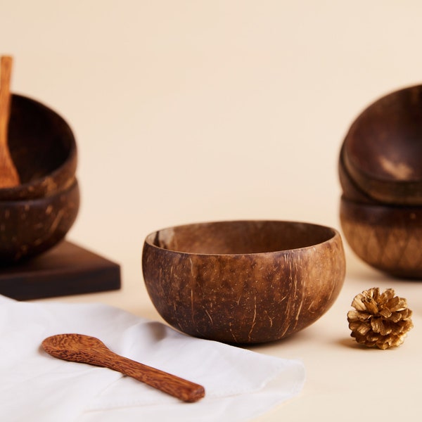 Two Polished Coconut Bowl and Wooden Spoons Set - Supremely hygienic - Authentic & Natural - Eco-friendly - Gifts men and women