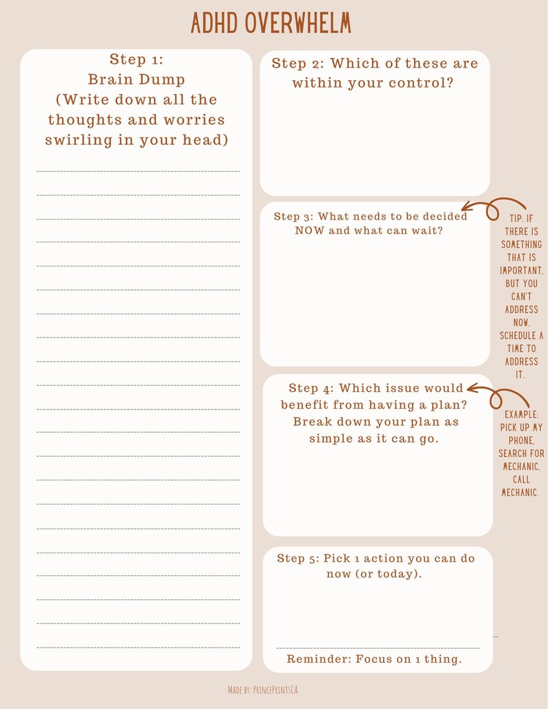 May include: A printable worksheet with five steps to help manage ADHD overwhelm. The steps are: Brain Dump, Which of these are within your control?, What needs to be decided NOW and what can wait?, Which issue would benefit from having a plan?, and Pick 1 action you can do now (or today).