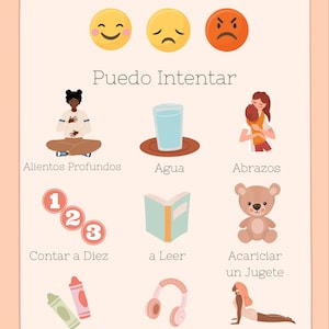 May include: A colorful chart with the Spanish words "Como Me Siento" (How I Feel) and "Puedo Intentar" (I Can Try). The chart shows different emotions and coping mechanisms for children.  The emotions include happy, sad, and angry. The coping mechanisms include taking deep breaths, drinking water, hugging, counting to ten, reading, petting a toy, coloring, listening to music, and stretching.