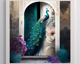 Pavone tela stampa-pittura ad acquerello digitale-uccelli esotici-arte contemporanea astratta-vibranti porte marocchine-architettura araba