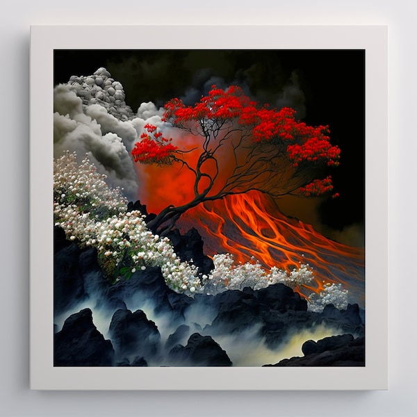 Abstract Volcano Canvas Art-Digital Watercolour Painting-Contemporary Mountainscape Aesthetic-Jewel Tone Decor-Lava Flows-Erupting Volcano