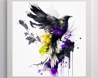 Corvo e corvo tela stampa-pittura ad acquerello digitale-uccelli esotici-arte contemporanea della fauna selvatica-amanti della natura decorazione della parete-toni gioiello vibranti