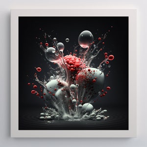 May include: Abstract art print featuring a white and red 3D design with a splash of water. The design resembles a flower with a cluster of red spheres in the center.