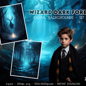 May include: Two digital backgrounds featuring a dark forest with a blue glow. The first background shows a deer standing in the forest. The second background shows a path leading into the forest. The text "WIZARD DARK FOREST DIGITAL BACKGROUNDS - SET 1" is at the top of the image.