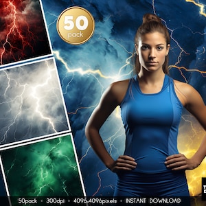 May include: A woman wearing a blue tank top stands in front of a background of yellow, white, and blue lightning bolts. The text "50 pack" is in a circle above her head. The text "TITANES DIGITAL" is in the bottom right corner of the image.