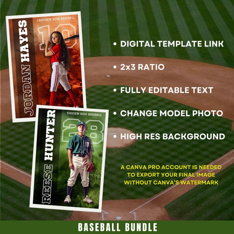 K&ouml;nnte beinhalten: Baseball-Bundle mit zwei Teamfoto-Vorlagen. Die Vorlagen zeigen Spieler in Uniform und enthalten die Namen "Jordan Hayes" und "Reese Hunter". Text hebt Funktionen wie einen digitalen Vorlagenlink, ein 2x3-Verh&auml;ltnis und vollst&auml;ndig bearbeitbaren Text hervor.