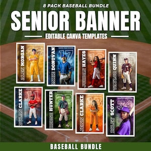 K&ouml;nnte beinhalten: Baseball-Grafik mit acht Vorlagen f&uuml;r Senioren-Banner. Jede Vorlage zeigt einen Baseballspieler in Uniform mit seinem Namen und seiner Nummer. Der Text "8 PACK BASEBALL BUNDLE" und "EDITABLE CANVA TEMPLATES" sind ebenfalls zu sehen.