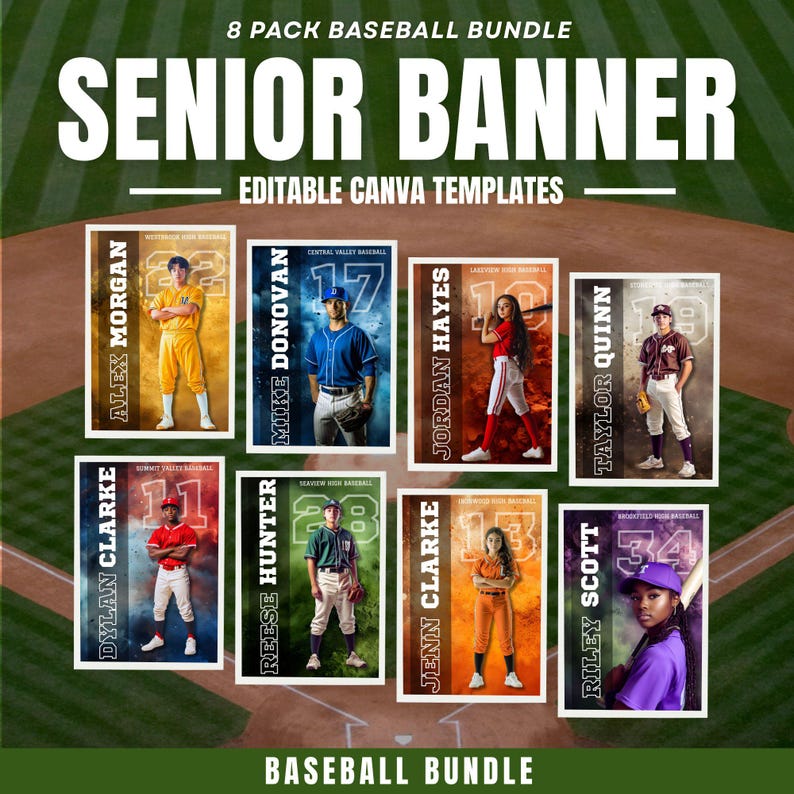 K&ouml;nnte beinhalten: Baseball-Grafik mit acht Vorlagen f&uuml;r Senioren-Banner. Jede Vorlage zeigt einen Baseballspieler in Uniform mit seinem Namen und seiner Nummer. Der Text "8 PACK BASEBALL BUNDLE" und "EDITABLE CANVA TEMPLATES" sind ebenfalls zu sehen.