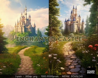 Enchanted Castle Digital Backdrop: Fantasy Garden Background (PNG)