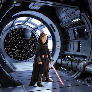 May include: A young person dressed in a black hooded robe and dark pants holds a red lightsaber in a dark futuristic setting. The background features a large round window with a view of space and a distant planet.
