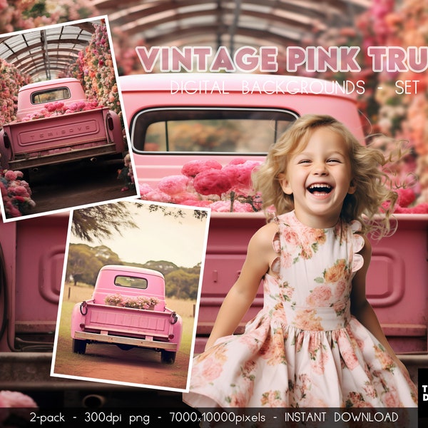 Truck Digital Backdrop, Truck Digital Background, Valentine Printable, Pink Valentine Vintage Pickup Truck Decorated for Valentine's Day