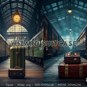 May include: Two vintage suitcases, one green and one brown, are sitting on a wooden platform in a train station. The green suitcase is larger and has a striped pattern. The brown suitcase is smaller and has a leather finish. The suitcases are in front of a row of train cars. The text "WIZARD SUITCASE SET 2" is displayed above the suitcases.