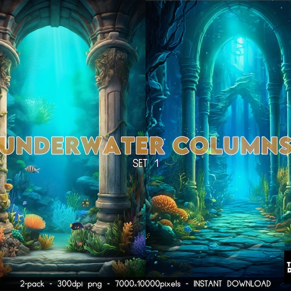 Underwater Columns Background, Mermaid Digital Backdrop, Underwater Background, Underwater Overlays, Ocean Bundle Pack, Fantasy Backdrop