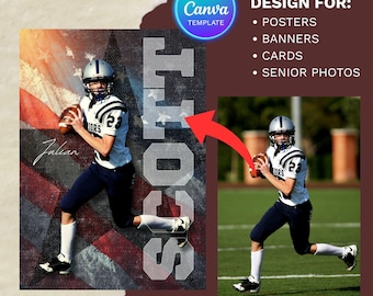 May include: American football design template with a player in a white and navy uniform, holding a football. The design includes the name "SCOTT", the text "AMERICAN FOOTBALL BUNDLE", and the Canva template logo. The design is for posters, banners, cards, and senior photos.