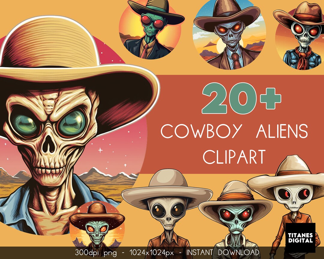 Cowboy Alien Clipart, Alien PNG Bundle, Western Halloween Bundle ...