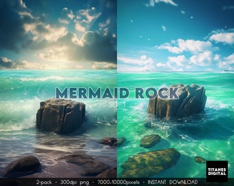 Mermaid Digital Backdrop, Mermaid Rock Background, Underwater Background, Underwater Overlays, Ocean Bundle Pack, Fantasy Backdrop