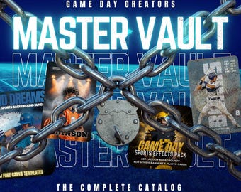 May include: A dark blue graphic with the words "GAME DAY CREATORS" and "MASTER VAULT" in white. The image features a chain and padlock design, with sports-themed cards. Text includes "SPORTS BACKGROUND BUNDLE" and "SPORTS EFFECTS PACK".