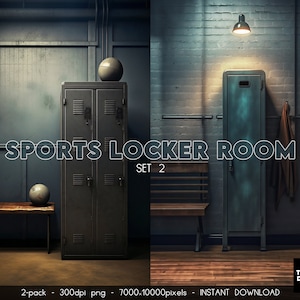 Op de afbeelding: Twee afbeeldingen van een sportkleedkamer. De eerste afbeelding toont een locker met twee deuren en een basketbal erbovenop. De tweede afbeelding toont een enkele locker met een bruine handdoek die aan een haak hangt. Beide afbeeldingen hebben een houten bank op de voorgrond. De tekst "SPORTS LOCKER ROOM SET 2" wordt in het midden van de afbeelding weergegeven.