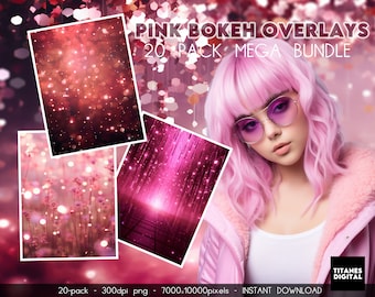 20 Pink Bokeh Photography Overlays: Light Effects, Backgrounds (Digital Download)