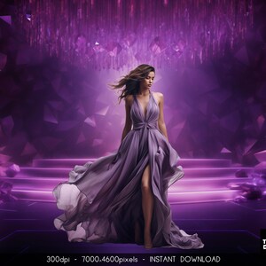 May include: A woman in a long, flowing purple gown stands on a platform with a purple crystal background. The gown has a deep V-neckline and a slit up the leg. The woman's hair is long and flowing, and she is looking down at the ground.