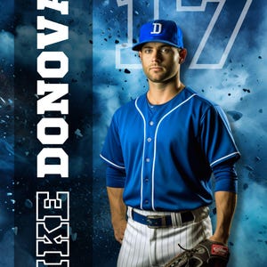 K&ouml;nnte beinhalten: Ein Baseballspieler in einer blauen Uniform mit wei&szlig;en Akzenten, einer passenden Kappe und einem Baseballhandschuh. Das Bild enth&auml;lt den Text "MIKE DONOVAN" und "CENTRAL VALLEY BASEBALL 17". Der Hintergrund ist ein blau-wei&szlig;es abstraktes Design.
