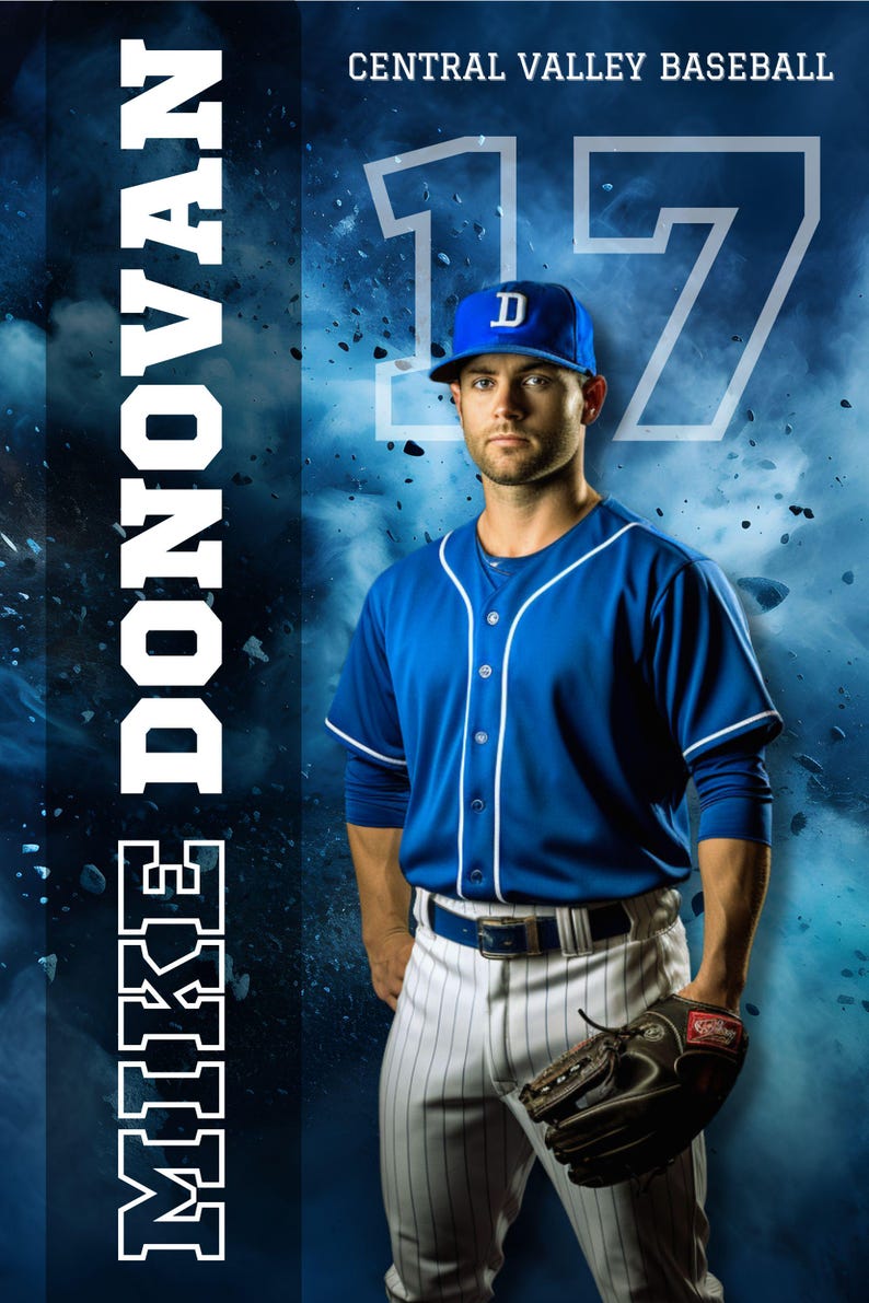 K&ouml;nnte beinhalten: Ein Baseballspieler in einer blauen Uniform mit wei&szlig;en Akzenten, einer passenden Kappe und einem Baseballhandschuh. Das Bild enth&auml;lt den Text "MIKE DONOVAN" und "CENTRAL VALLEY BASEBALL 17". Der Hintergrund ist ein blau-wei&szlig;es abstraktes Design.