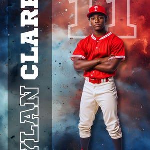 K&ouml;nnte beinhalten: Ein Baseballspieler in roter Uniform und wei&szlig;er Hose, mit roter Kappe. Das Bild enth&auml;lt den Text "DYLAN CLARKE" und "SUMMIT VALLEY BASEBALL" mit der Nummer "11" im Hintergrund.