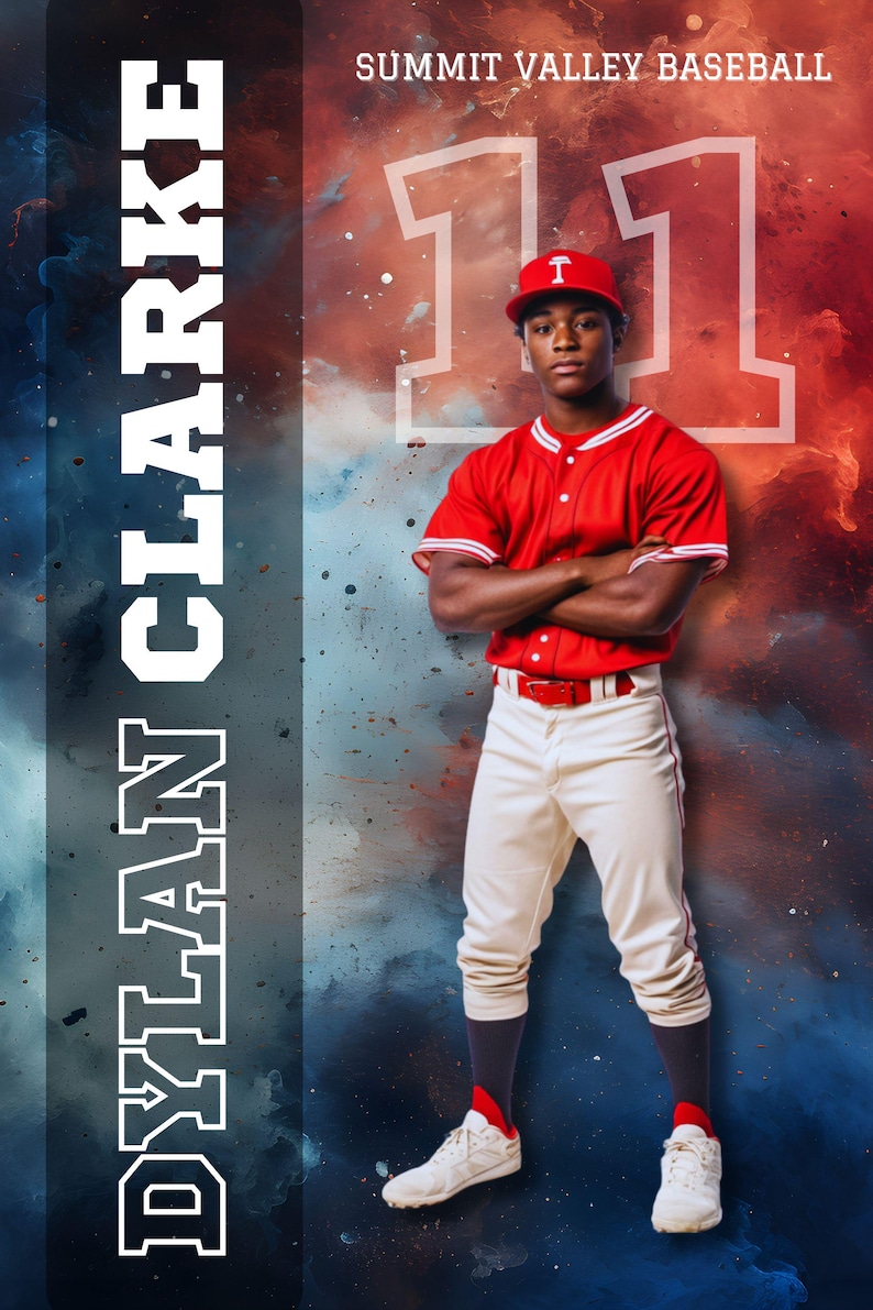 K&ouml;nnte beinhalten: Ein Baseballspieler in roter Uniform und wei&szlig;er Hose, mit roter Kappe. Das Bild enth&auml;lt den Text "DYLAN CLARKE" und "SUMMIT VALLEY BASEBALL" mit der Nummer "11" im Hintergrund.