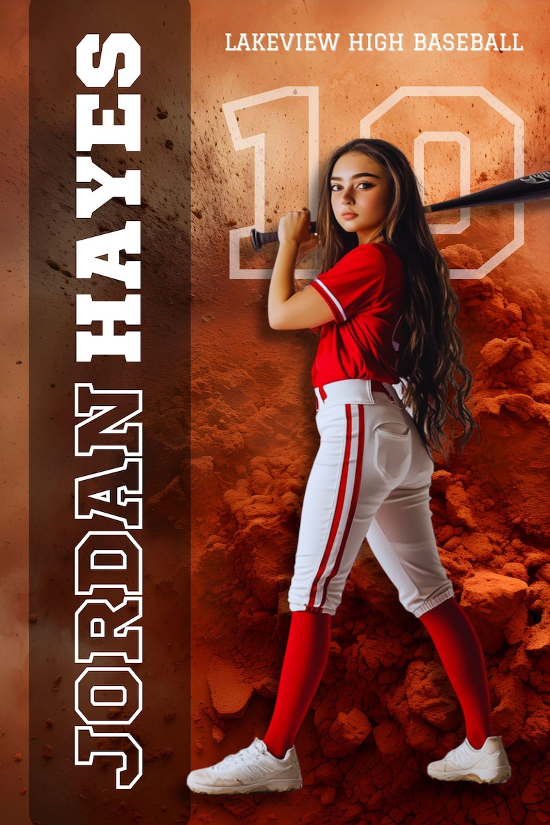 K&ouml;nnte beinhalten: Eine Baseballspielerin in einem roten Trikot und einer wei&szlig;en Hose mit roten Streifen, die einen Schl&auml;ger h&auml;lt. Das Bild zeigt den Text "Lakeview High Baseball" und "19". Der Name "JORDAN HAYES" steht vertikal auf der linken Seite.
