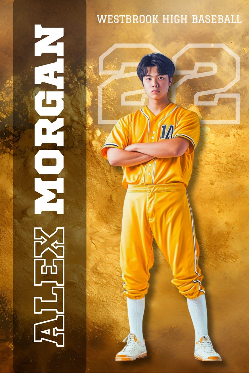 K&ouml;nnte beinhalten: Ein Baseballspieler in gelber Uniform mit wei&szlig;en Akzenten. Die Uniform besteht aus einem Hemd mit Kn&ouml;pfen und einer passenden Hose. Der Text "ALEX MORGAN" ist vertikal links und "WESTBROOK HIGH BASEBALL" oben zu sehen.